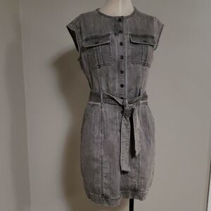 Grey Washed Denim Shirt Dress with Tie Belt
